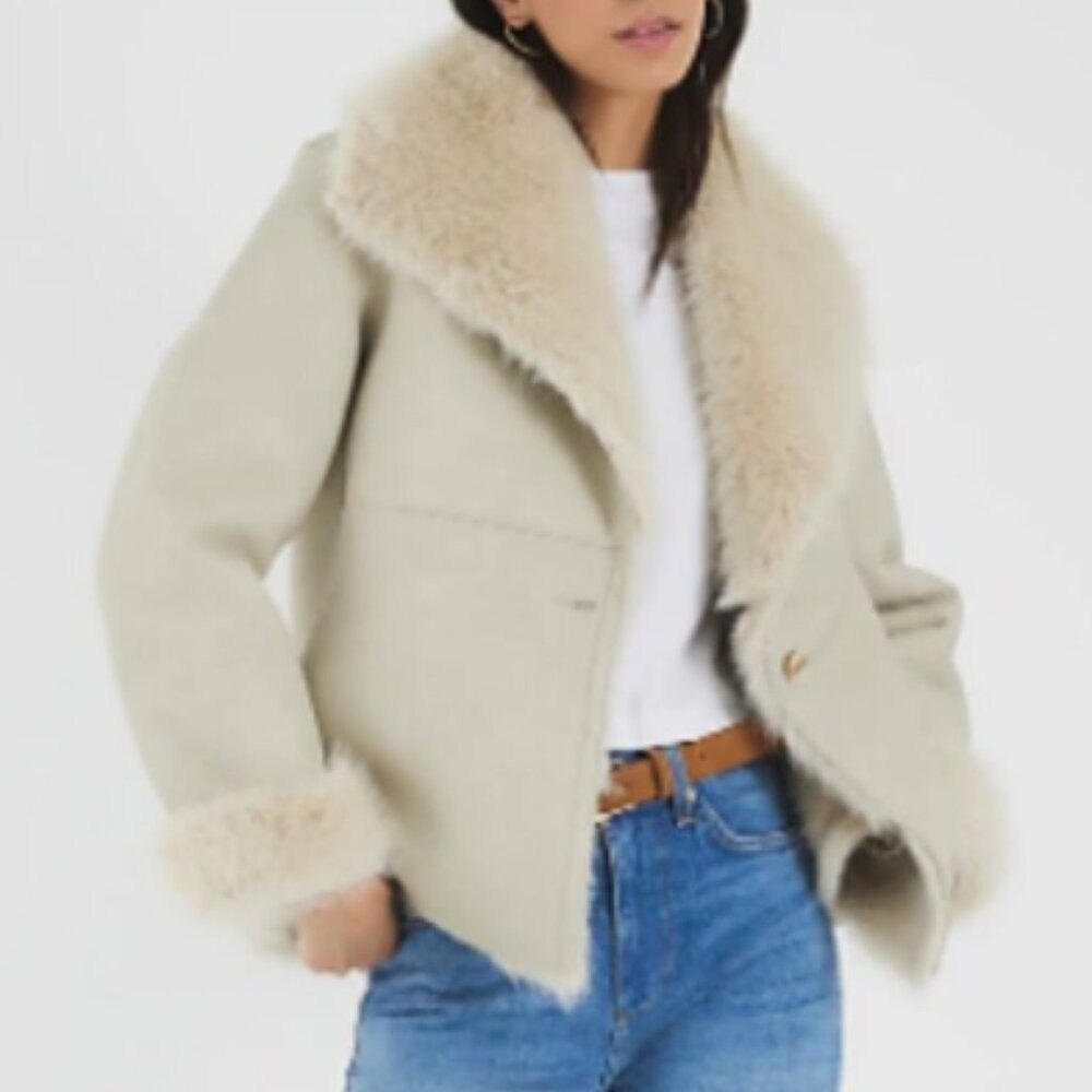 River Island Suedette Borg Lined Waterfall Open Jacket -XL in Cream -Stock Photo